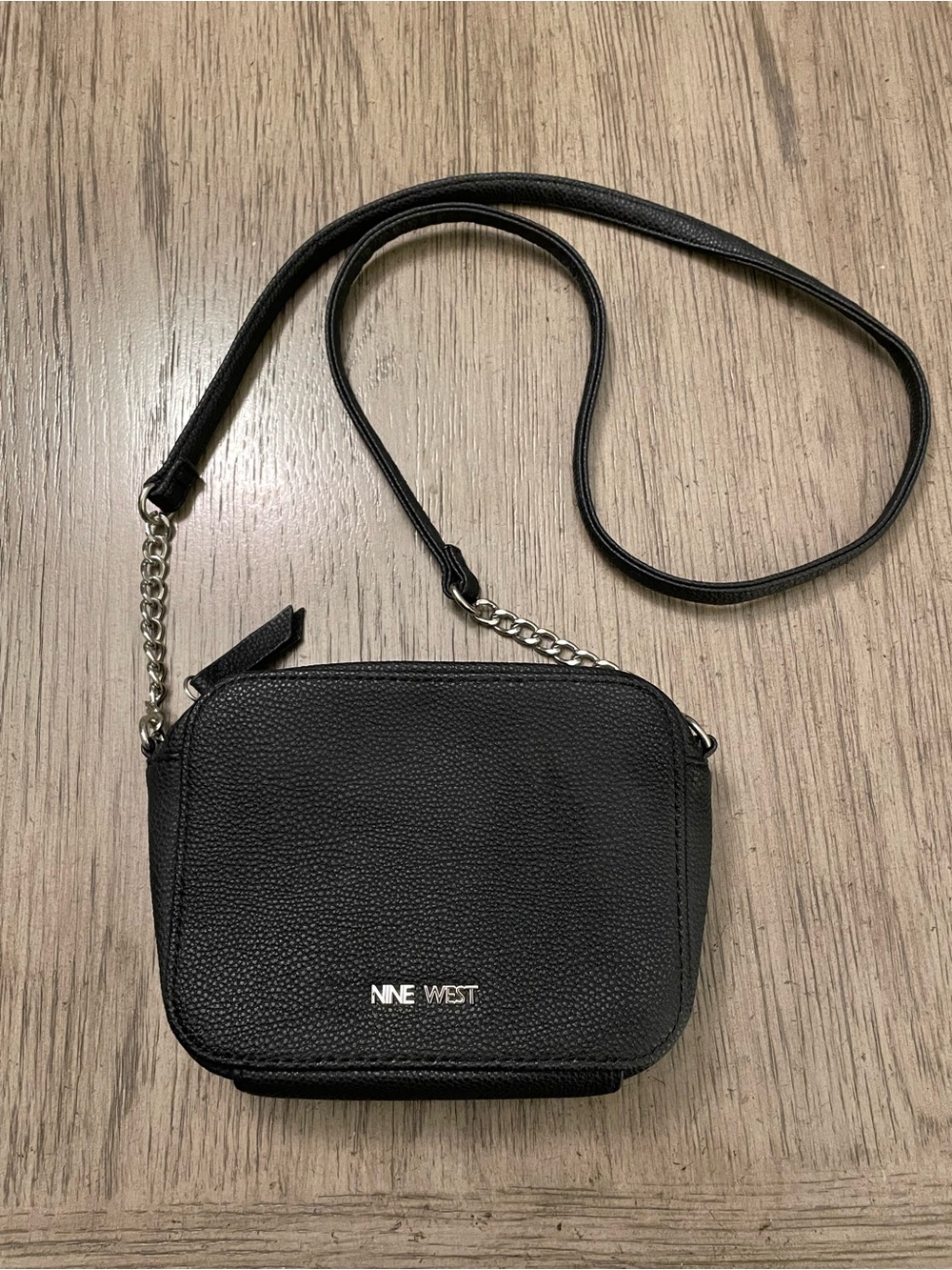 Nine West Crossbody Bag, black faux leather, silver chain on strap, like new!